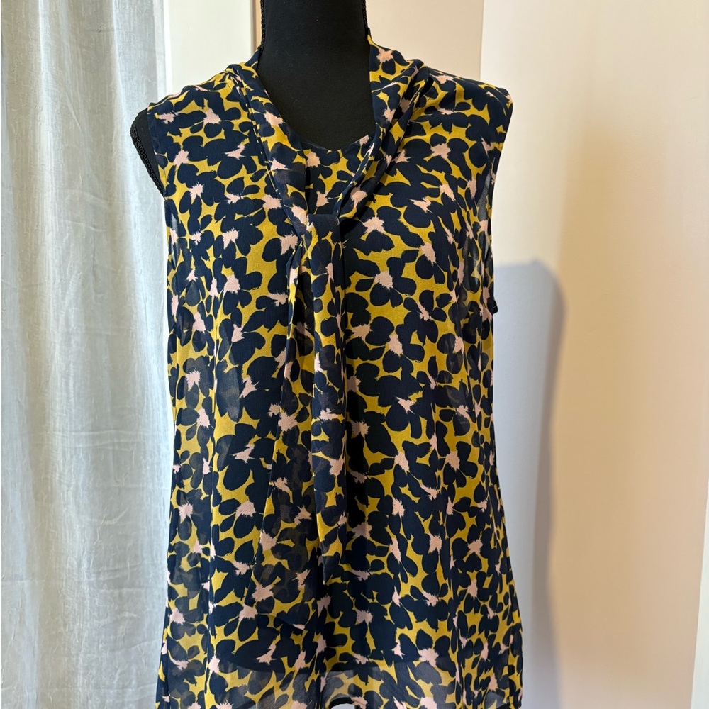 CAbi Sleeveless Tie-Neck Blouse in Yellow, Black & Blush Floral